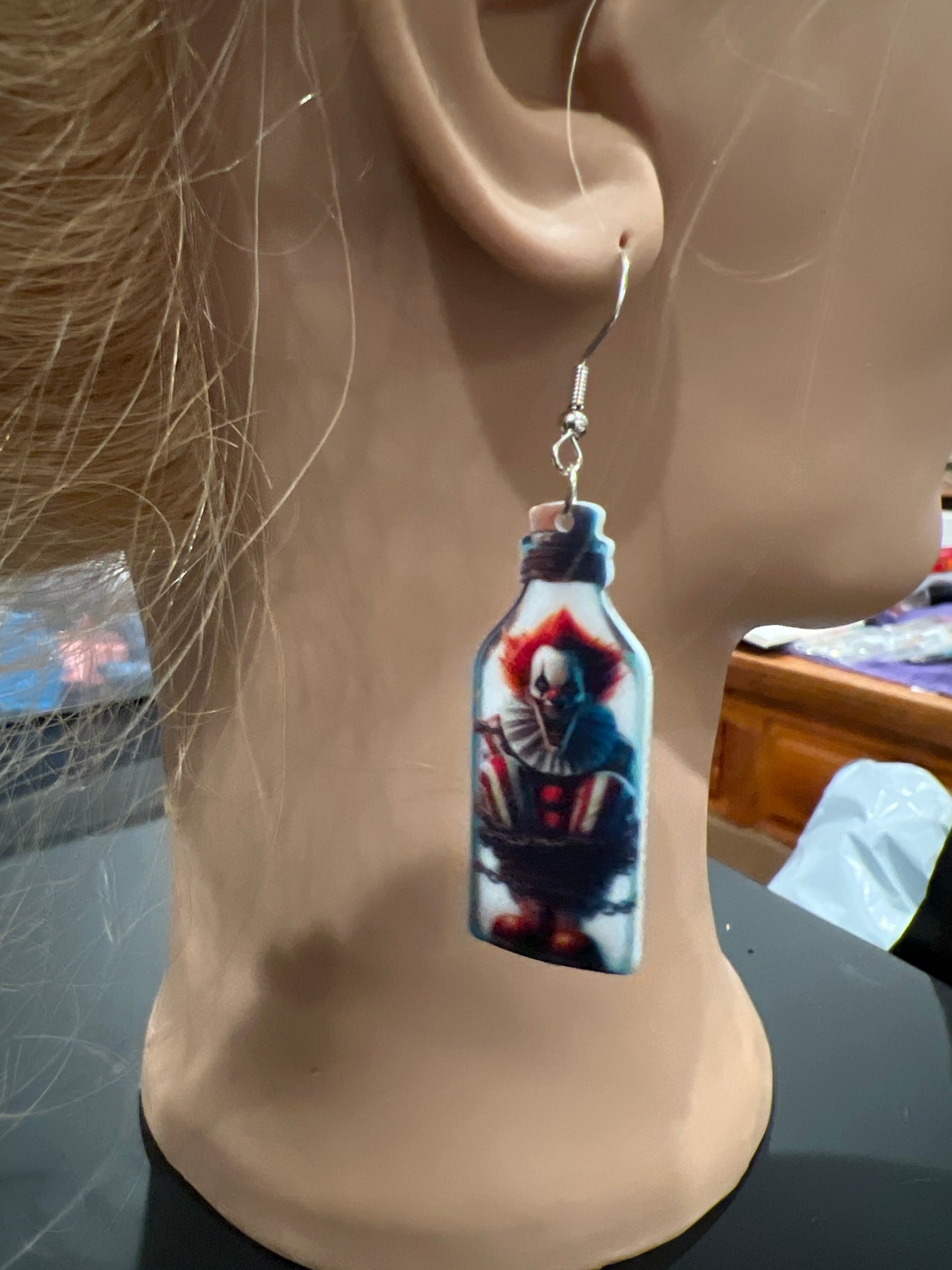 Clown Trapped in a Bottle Sterling Silver Dangle Earrings