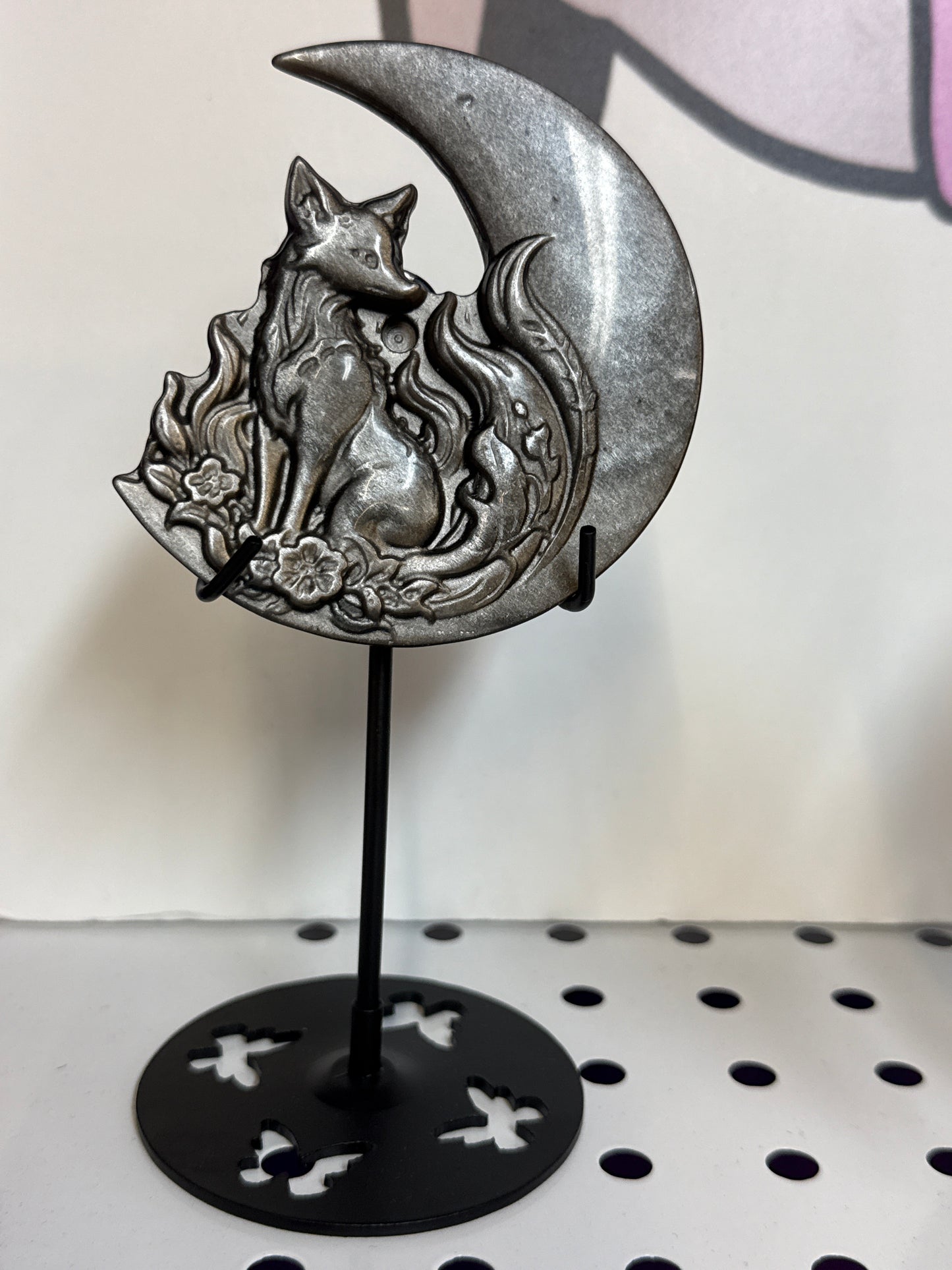 Silver Obsidian wolf in Moon Carving on Stand