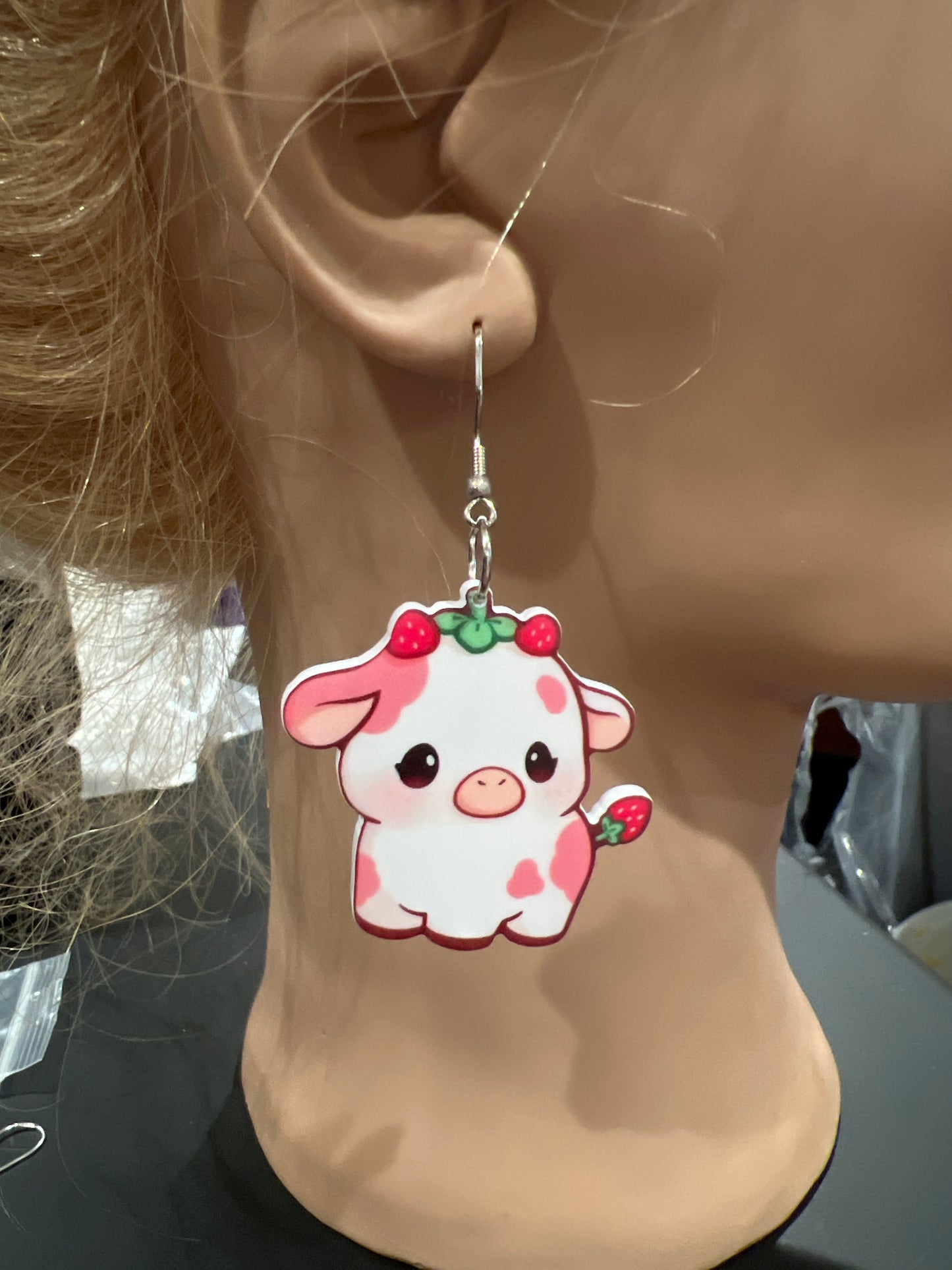 Strawberry Cow Sterling Silver Dangle Earrings