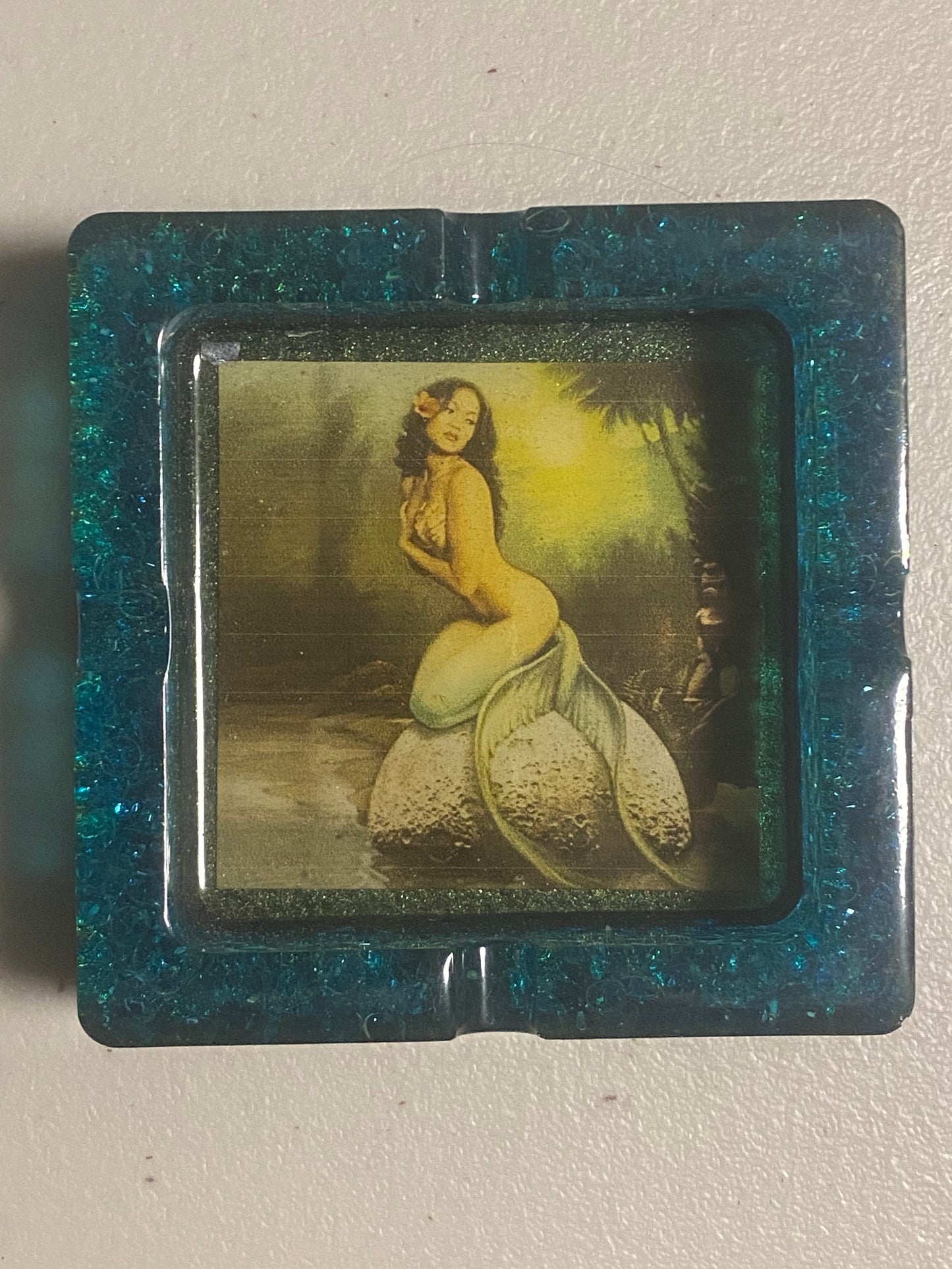 Hawaiian Mermaid Handmade Resin Ashtray with Faux Sea Glass