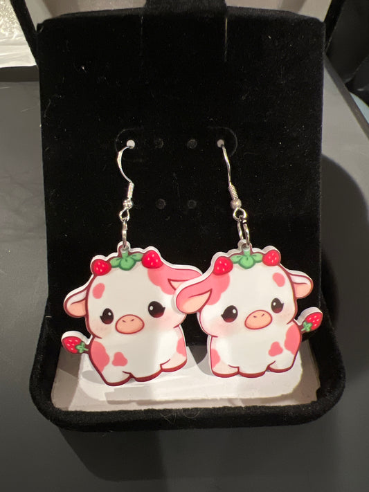 Strawberry Cow Sterling Silver Dangle Earrings