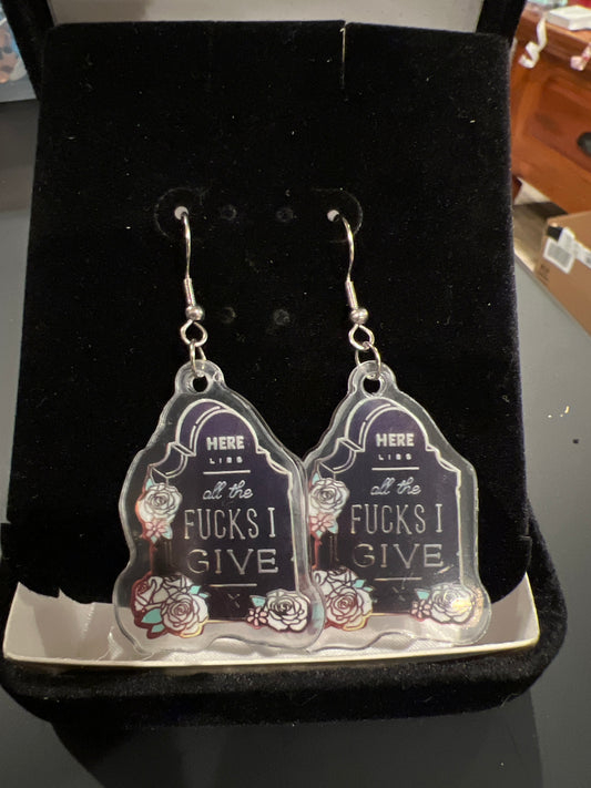 Here Lies All the Fucks I Give Sterling Silver Dangle Earrings