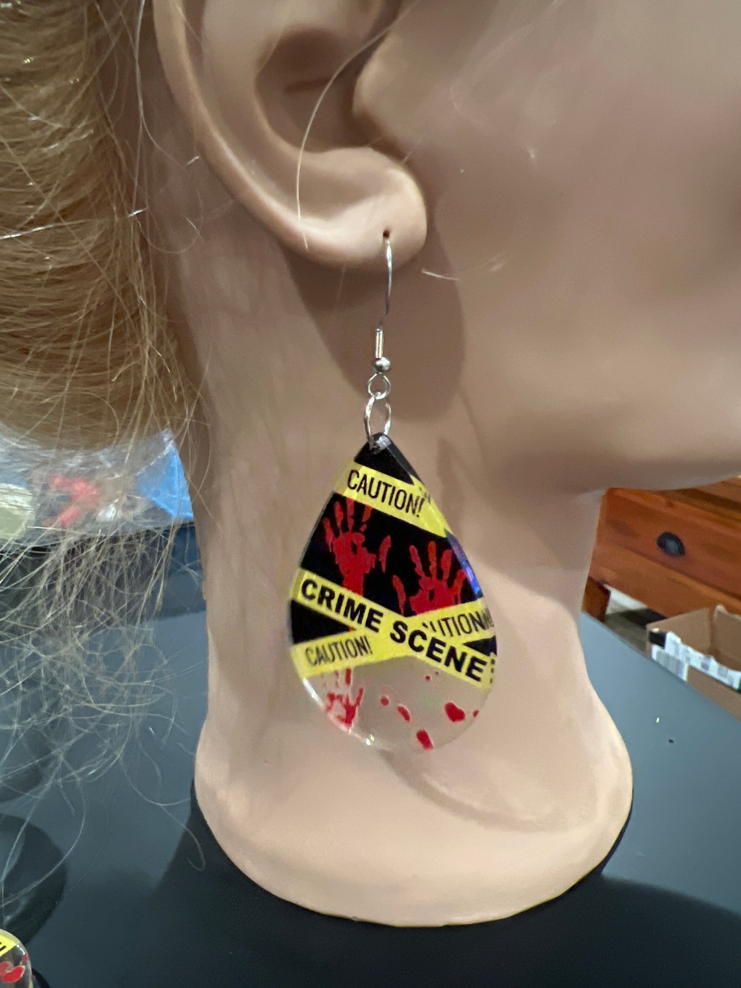 Caution Crime Scene Bloody Handprint Sterling Silver Dangle Earrings