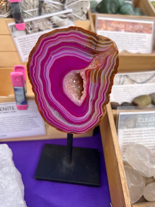 Dyed Pink Agate Geode Slice on Stand