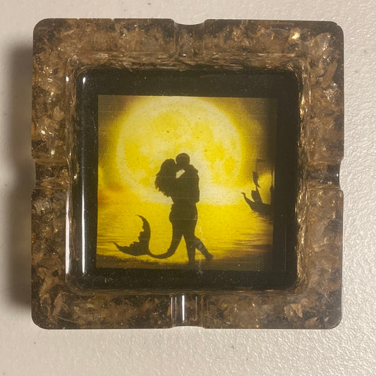 Pirate & His Mermaid Sunset Kiss with Faux Sea Glass Handmade Resin Ashtray