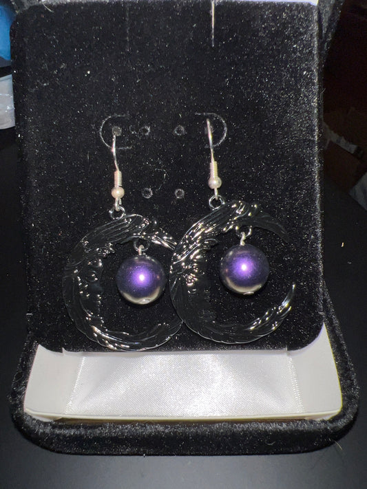 Black Moon with a purple bead Sterling silver Dangle Earrings