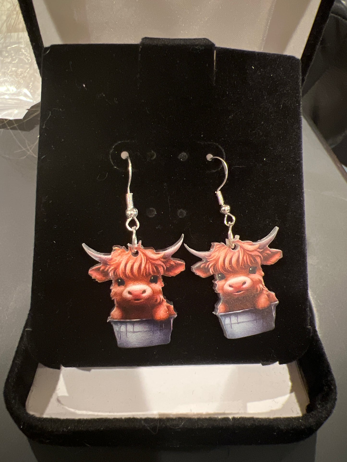 Highland Cow in Bucket Sterling Silver Dangle Earrings