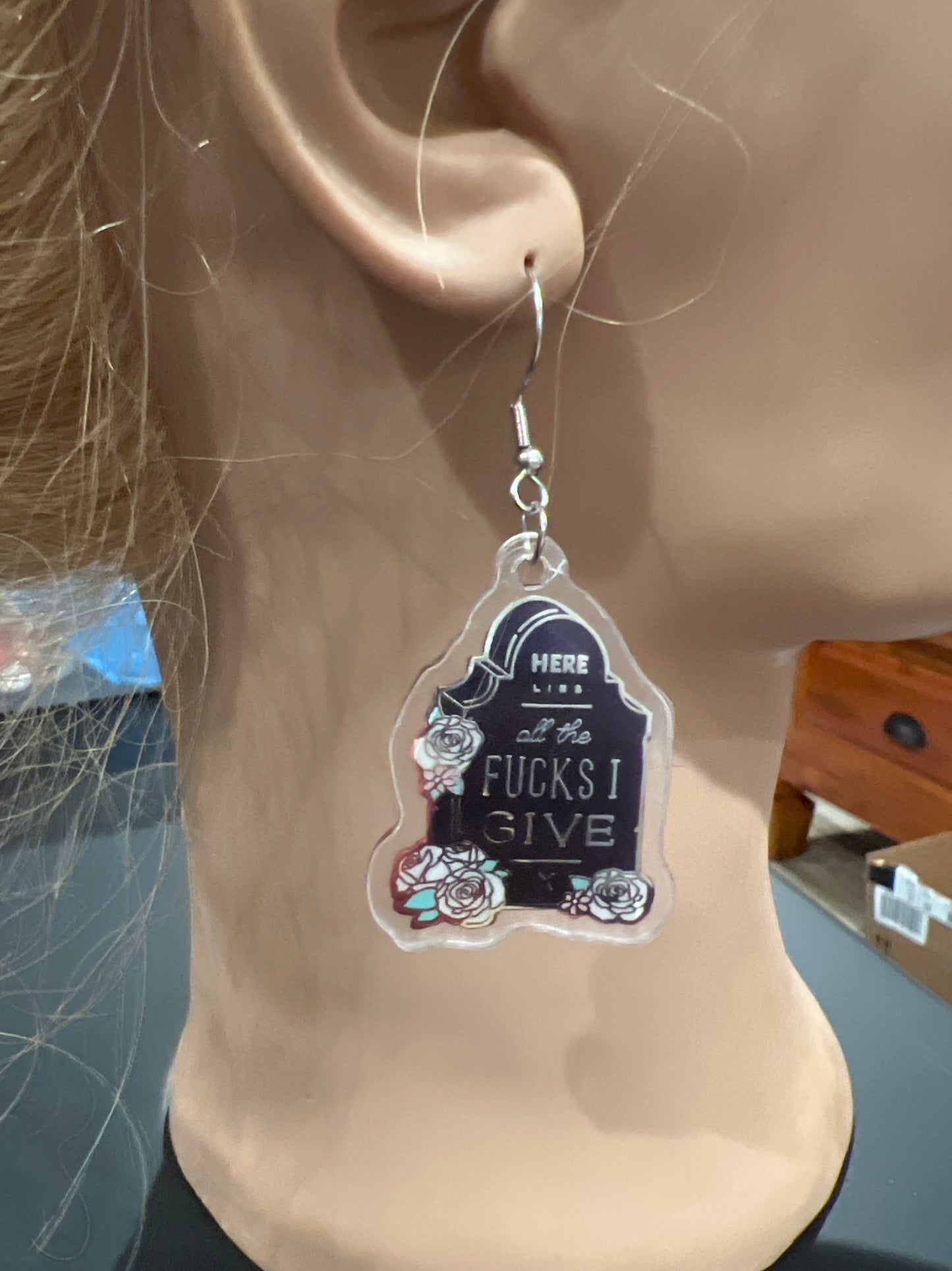 Here Lies All the Fucks I Give Sterling Silver Dangle Earrings