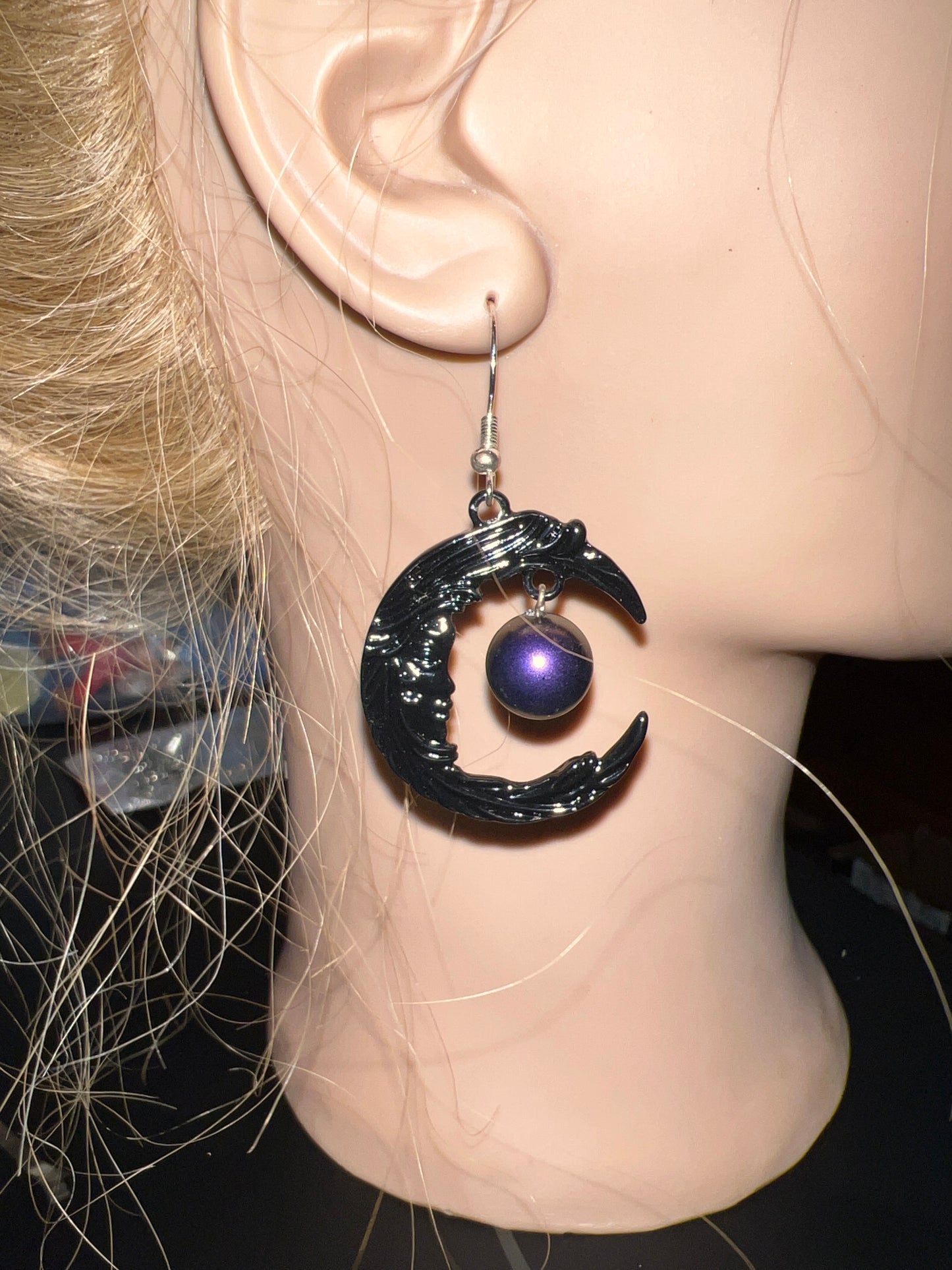 Black Moon with a purple bead Sterling silver Dangle Earrings