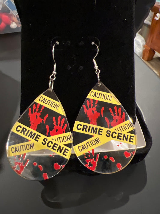 Caution Crime Scene Bloody Handprint Sterling Silver Dangle Earrings