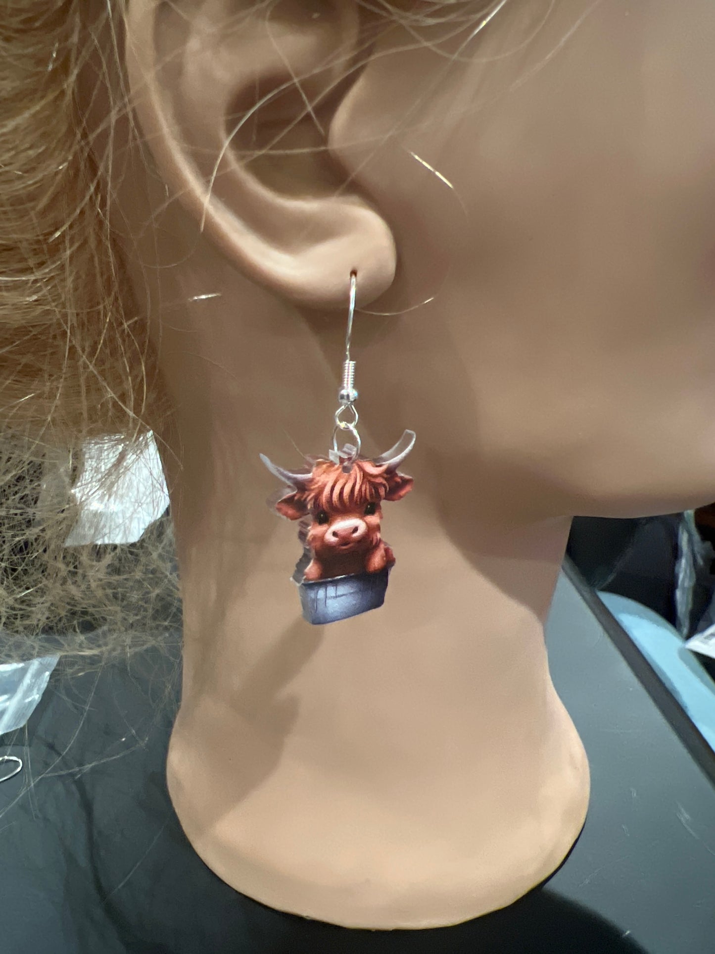 Highland Cow in Bucket Sterling Silver Dangle Earrings