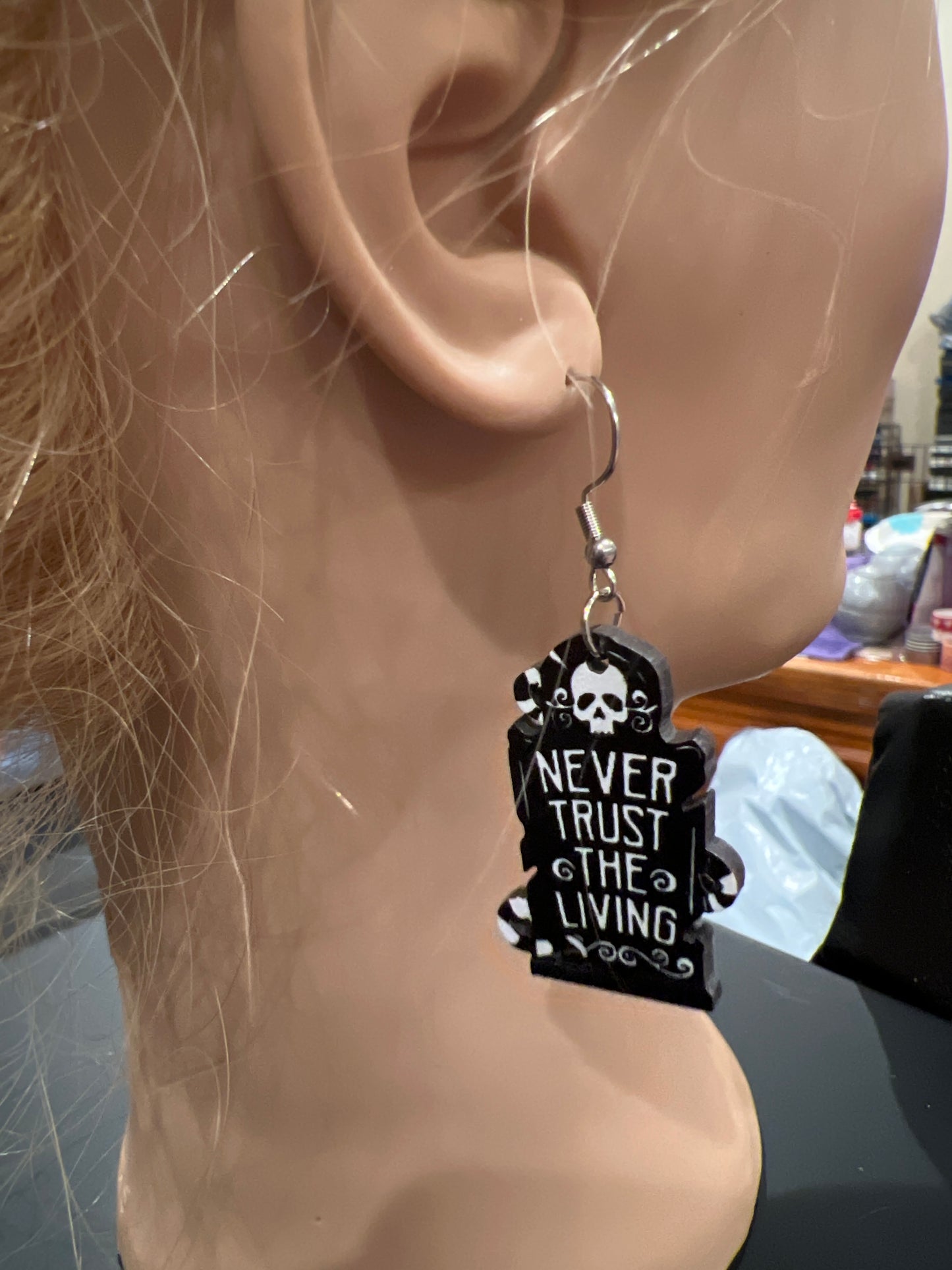 Never Trust the Living Headstone Sterling Silver Dangle Earrings