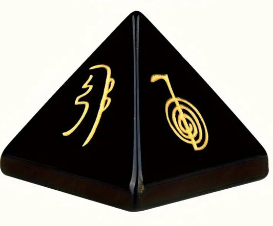 Black Obsidian Pyramid Engraved with the Reiki Symbols