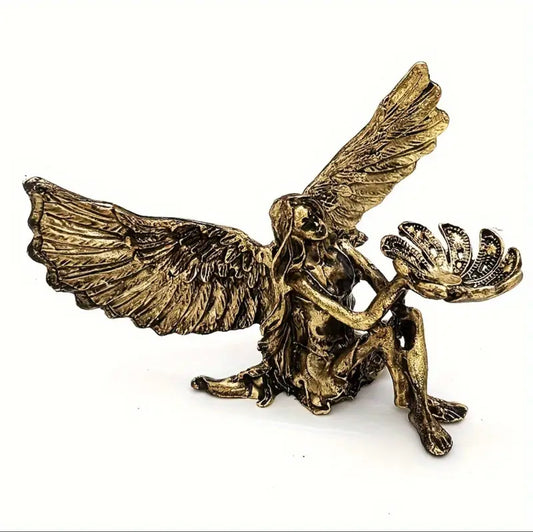 Winged Fairy Metal Sphere Holder Stand - Vintage Gold color