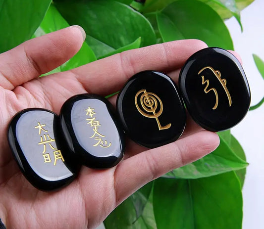 Engraved Black Obsidian Reiki Palm Stones - Set of 4