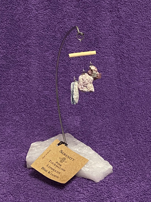 Serenity Sculpture with Blue Kyanite, Pink Tourmaline & Lepidolite Dangle on Quartz Base