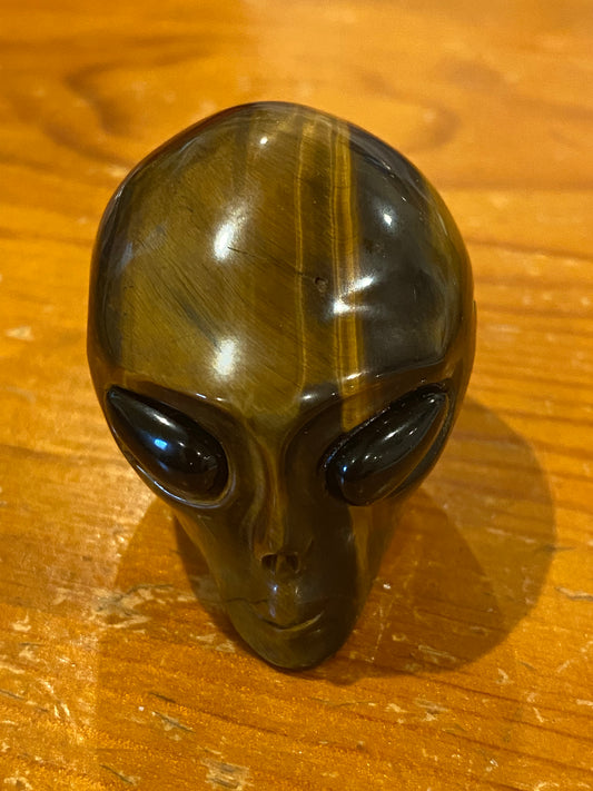 UFO Alien Head Genuine Gemstone Tiger’s Eye Carving