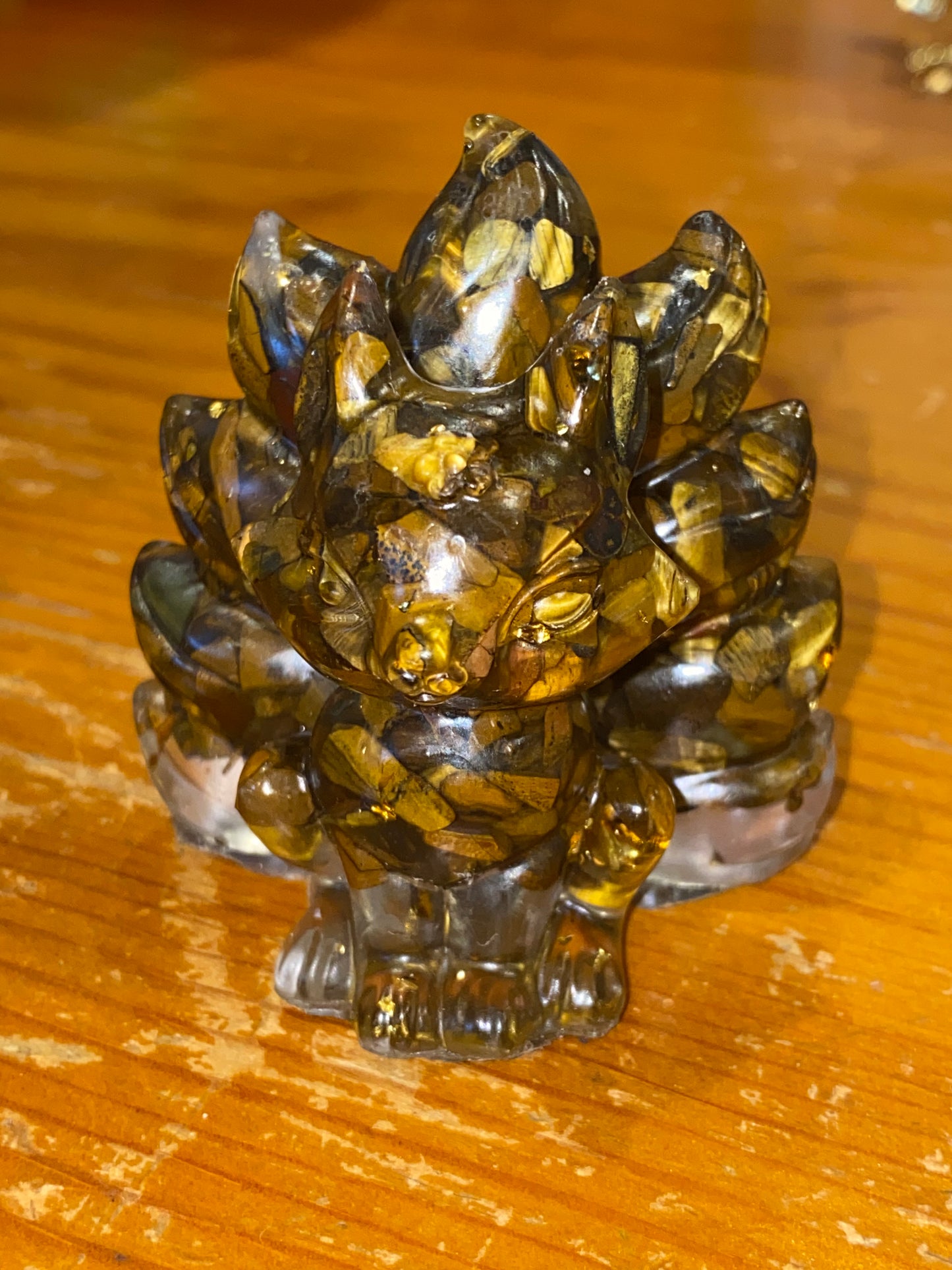 Tiger’s Eye 9 Tail Fox Gemstone Embedded Resin Figurine