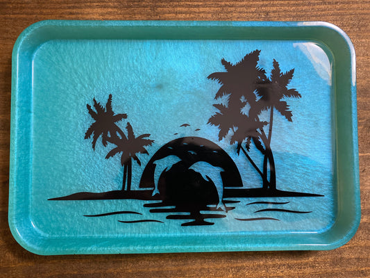 Sunset and Dolphins on an Island with Palm Trees - Handmade Resin Vanity Tray Rolling Tray Makeup Tray Dice Tray Decorative Tray 10.5”x7”
